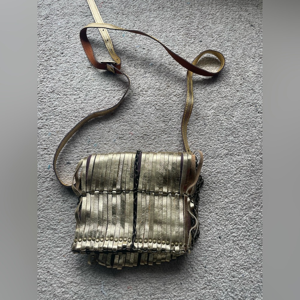 Free People Monserat De Lucca Metallic Gold Leather Crossbody Bag Purse Fringe